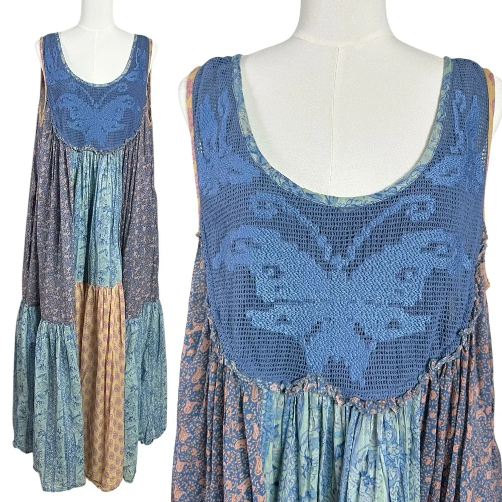 Free People Bohemian 70s Patchwork Hippie Lost Palms Craft Maxi Dress Medium - Picture 9 of 17